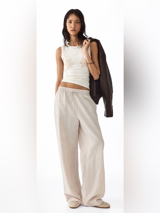 H&M Pants - H&M Beige Drawstring Wide-Leg Pants